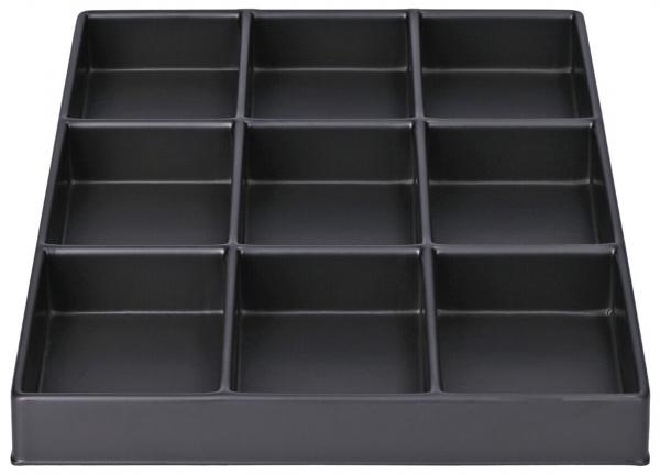 The image displays a rectangular, black storage box with 12 equally sized compartments. The compartments are evenly arranged, perfect for organizing smaller items.