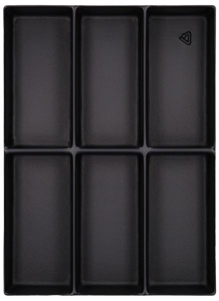 The image shows a black baking pan with six rectangular indentations. The pan has rounded corners and a smooth bottom, ideal for muffins or brownies.