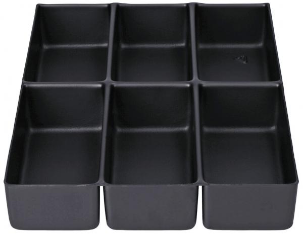 The image shows a black organizer with eight equally sized compartments. The compartments are arranged in two rows and four columns, all with the same dimensions.