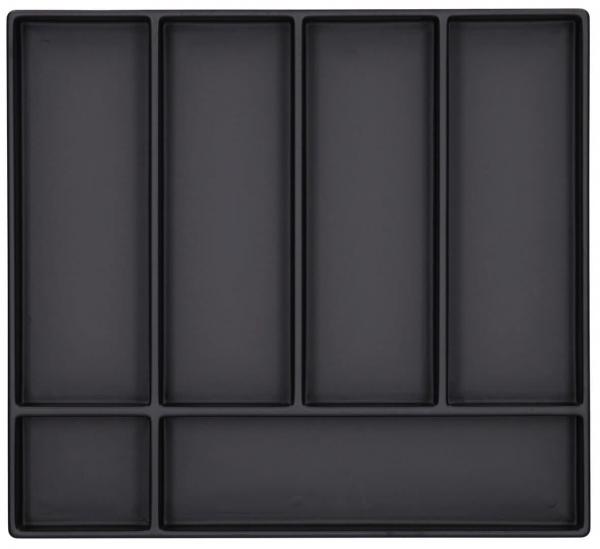 The image displays a black plastic tray with multiple rectangular compartments. There are five long compartments, evenly arranged side by side, and one larger, wider compartment at the bottom.