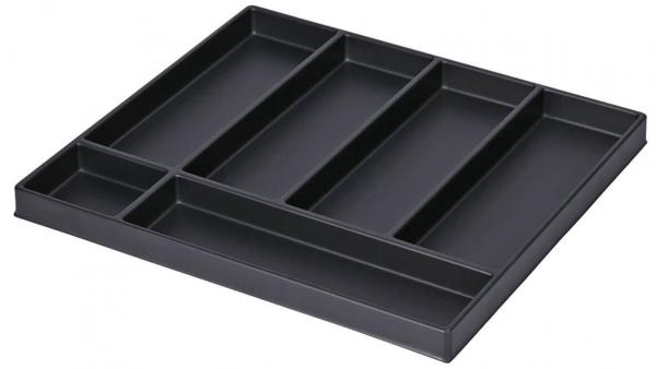 The image displays a black storage tray with multiple compartments. It has a rectangular shape and is made of plastic. The compartments are divided into various sizes.