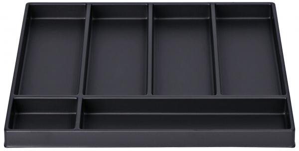 The image displays a rectangular, black drawer insert with multiple compartments. There are a total of six compartments, varying in size, ideal for storing utensils.