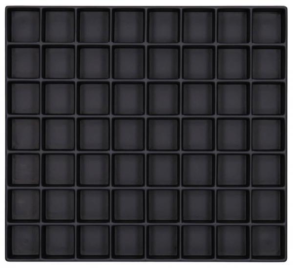 The image displays a rectangular grid with 64 small, uniform black squares, arranged in 8 rows and 8 columns. The background is also black.