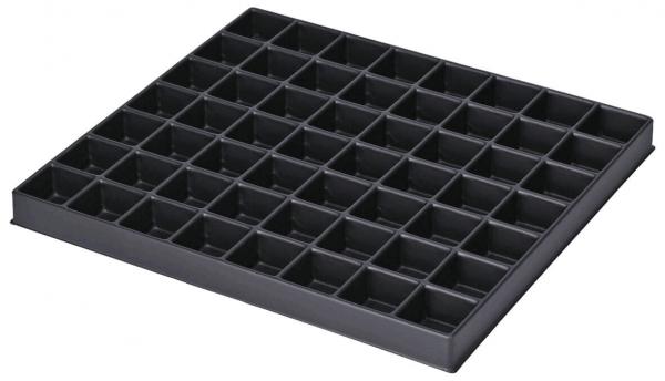 The image shows a flat, rectangular plastic tray with many small, square compartments. The compartments are evenly arranged and there are a total of 49.