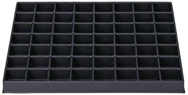 The image shows a black, flat plastic tray with 56 equally-sized square compartments. The compartments are neatly arranged and provide space for various objects.