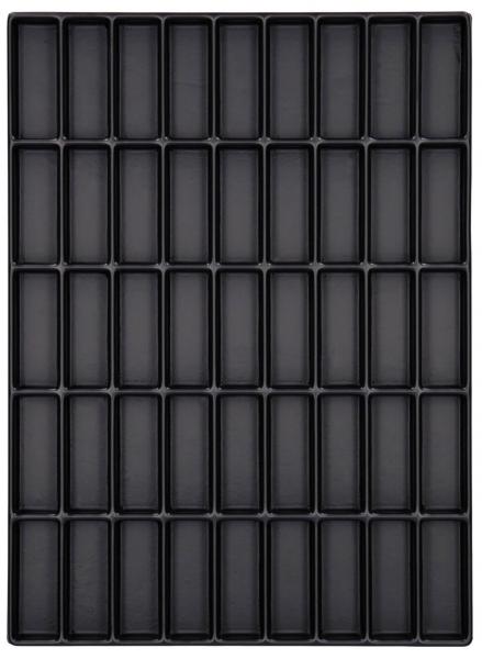 The image displays a rectangular, black tray with 48 elongated indentations, arranged in 8 rows and 6 columns. The indentations are uniform and deep.