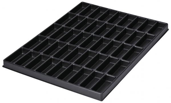 The image shows a black storage system with many rectangular compartments. There are a total of 36 compartments, evenly arranged to sort small items.