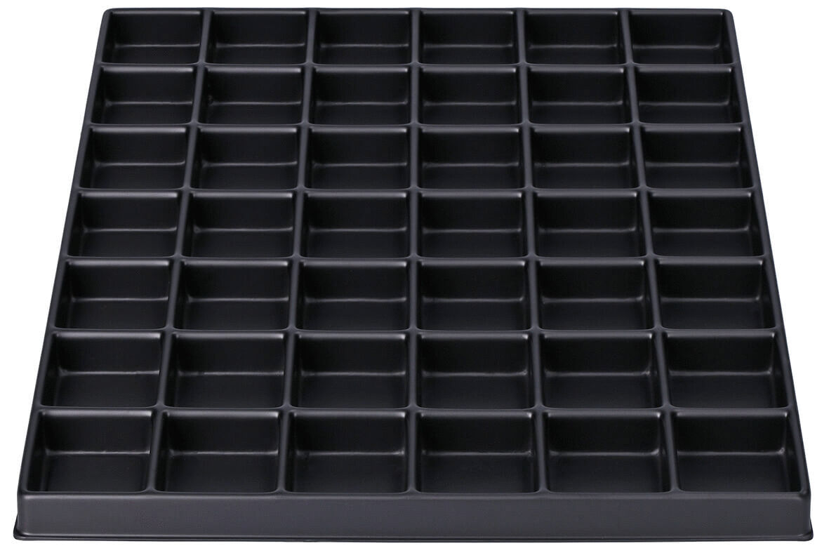 The image shows a black tray with many small compartments in an orderly grid. There are 48 equal-sized, rectangular compartments suitable for storing small objects.