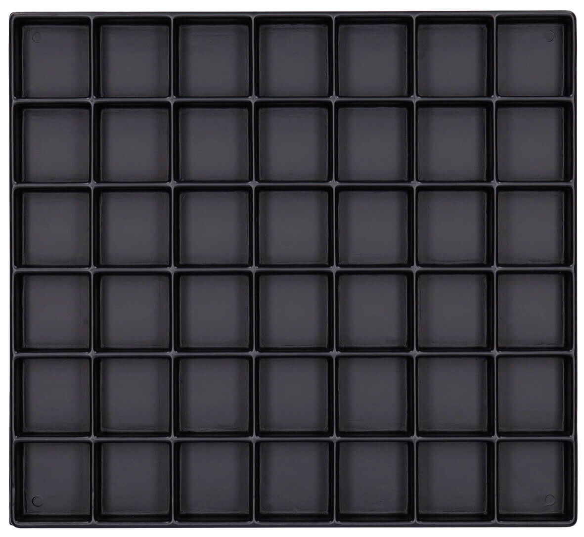 The image shows a square arrangement of 64 small, identical square compartments on a black background. All compartments are equally sized and also black.