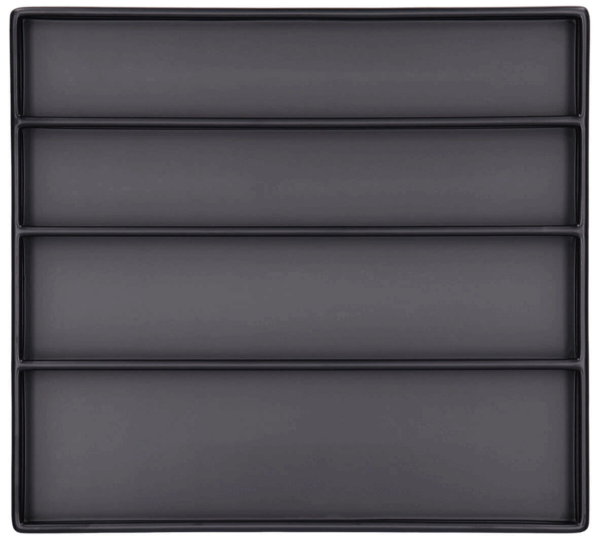 The image shows a flat, square tray in matte black, divided into four equal rectangular compartments. It has a simple, elegant shape.