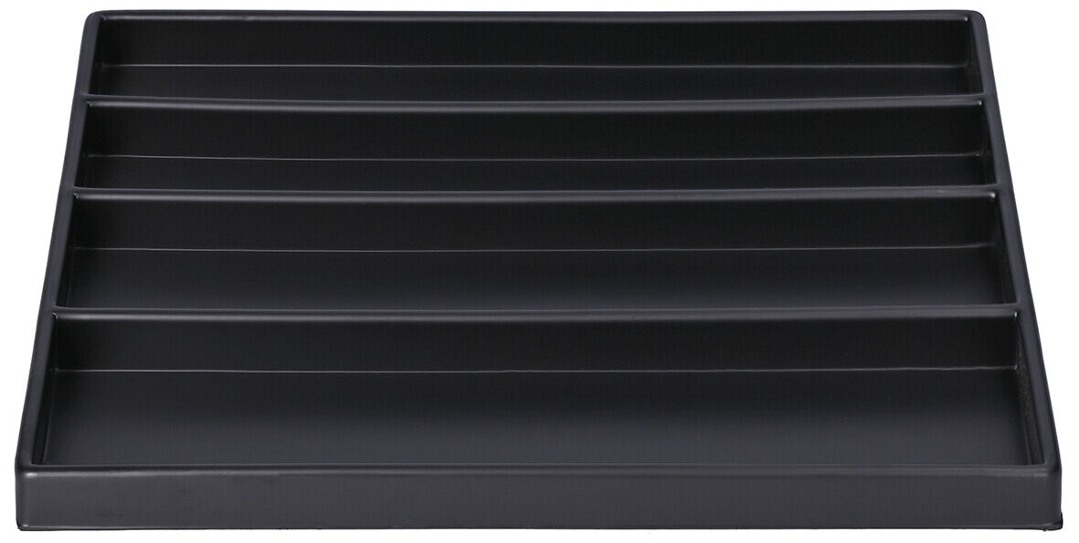 The image displays a flat, rectangular storage system in black with six slanted compartments. It is used for organized storage of documents or similar items.