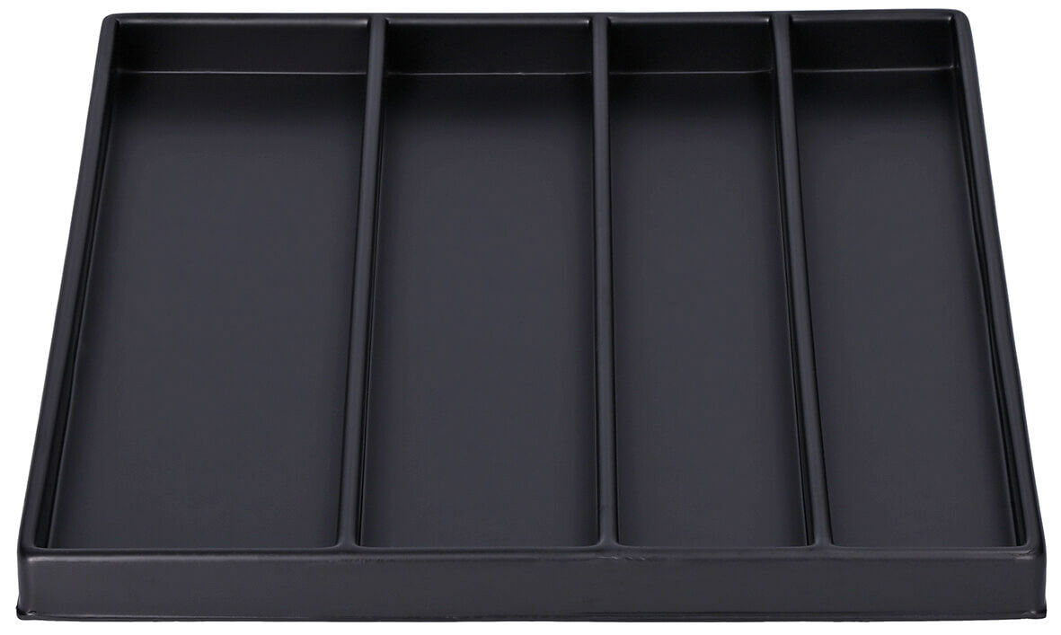 The image displays a square, flat container in matte black, divided into four equal compartments. It features a simple, modern design without a lid.