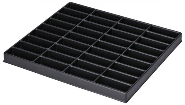 The image shows a square, black storage system with 25 rectangular compartments, evenly arranged. It serves to store small items.