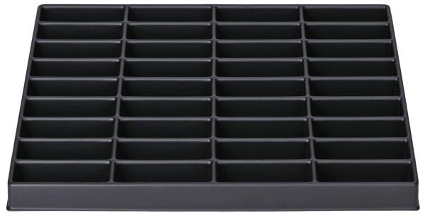 The image shows a rectangular, black tray with 35 uniform compartments. The compartments are arranged in several rows and columns and provide space for small items.