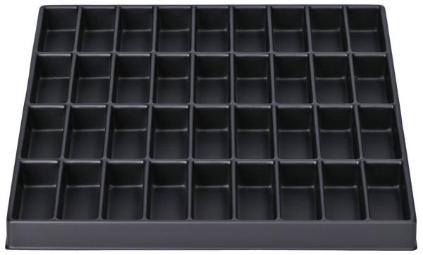 The image displays a rectangular, flat tray with 49 small, evenly arranged compartments. The tray is black and has a smooth surface.