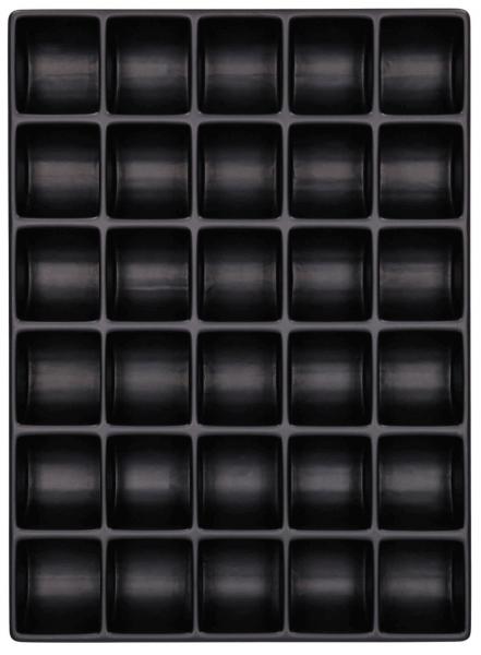 The image displays a black tray with 36 evenly arranged square compartments. Each compartment is empty and has rounded corners. The layout is in six rows and six columns.