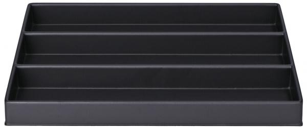 The image shows a horizontal black tray with four tiered compartments. It has a flat base and rises towards the back to provide clarity.