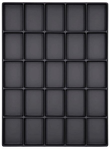 The image displays a rectangular, black tray with 24 evenly arranged indentations, set in a 6x4 grid. The indentations are rectangular and of equal size.