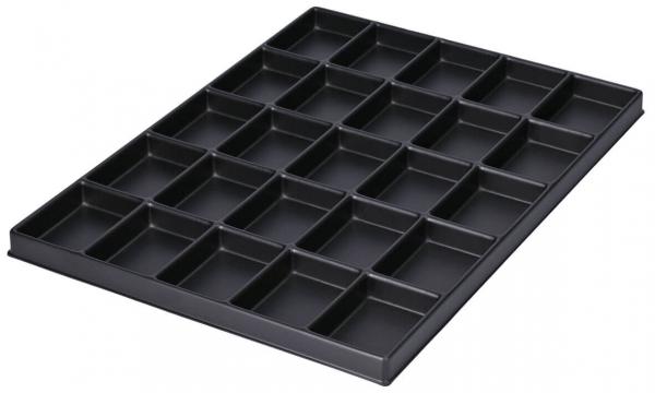 The image displays a black tray with 24 evenly distributed, rectangular compartments. It features a flat rim and is made of plastic.