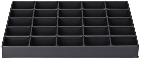 The image shows a flat, rectangular tray in black, divided into 24 small compartments. The compartments are evenly arranged and serve to store small items.