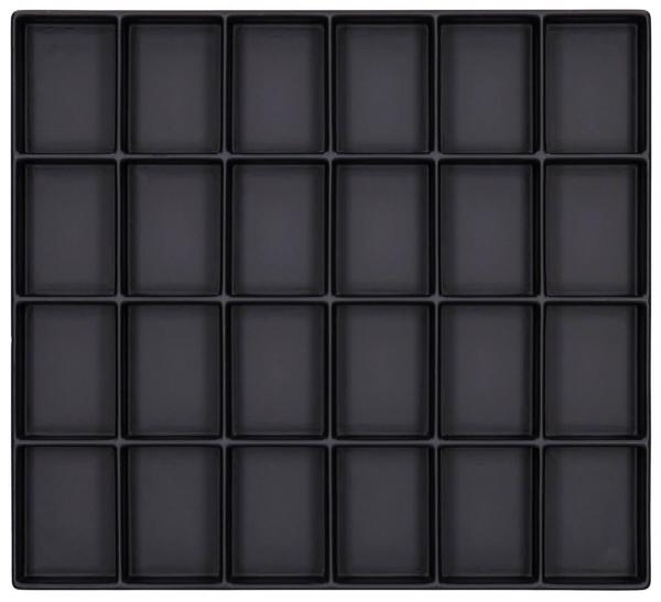 The image displays a grid of 25 rectangular, black compartments, arranged in five rows and five columns. The compartments are uniform in size and feature a simple design.