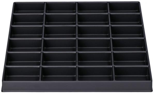 The image shows a square black tray with 25 rectangular compartments. The compartments are evenly arranged and serve to store small items.