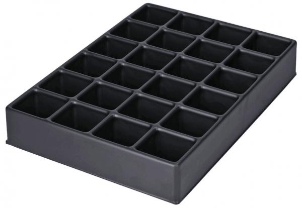 The image displays a rectangular shape made of black material with 24 small square compartments. The compartments are evenly arranged, ideal for sorting or storage.