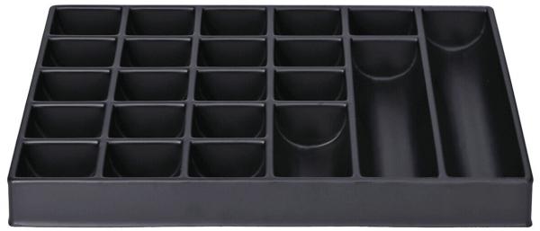 The image shows a black storage tray with multiple compartments. There are 20 equally sized compartments and one elongated compartment on the right side. Ideal for organizing small items.