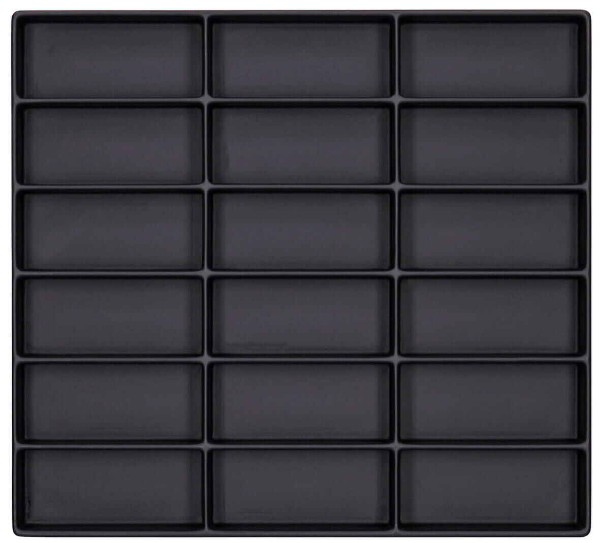 The image displays a square arrangement of 20 flat, rectangular compartments on a black surface. The compartments are evenly distributed and provide an organized, minimalist impression.