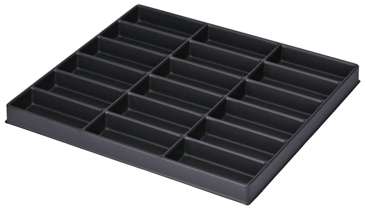 The image shows a black tray with 16 rectangular compartments, evenly arranged. It is flat and serves for storing or organizing small items.