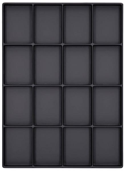 The image displays a flat, rectangular tray with a total of 16 equally-sized, rectangular compartments. The compartments are dark black and evenly arranged.