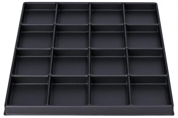 The image shows a black, square tray with 16 rectangular compartments that are evenly arranged. It has a smooth surface and high edges. Ideal for storing or displaying small objects.