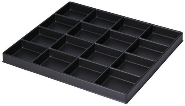 The image shows a black, rectangular tray with 16 small compartments. The compartments are evenly arranged and provide space for storing small items.