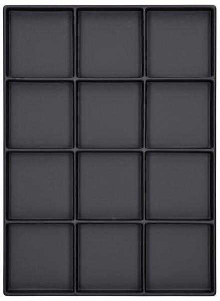 The image displays a rectangular baking tray with 12 equal-sized indentations arranged in 3 rows and 4 columns. The surface is black and smooth.