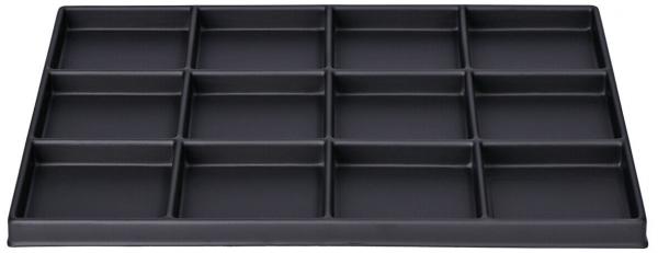 The image shows a black tray with 15 uniform compartments. It has a flat shape and the compartments are arranged in rectangles, ideal for organized storage of small items.