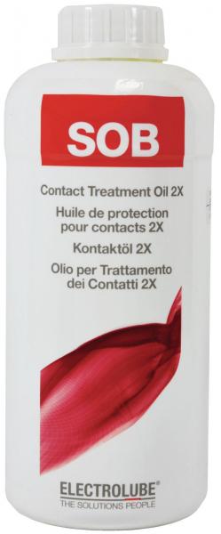 The image shows a white bottle with a screw cap. On the front, in red lettering, it says "SOB" and "Contact Treatment Oil 2X". There are additional descriptions in multiple languages.