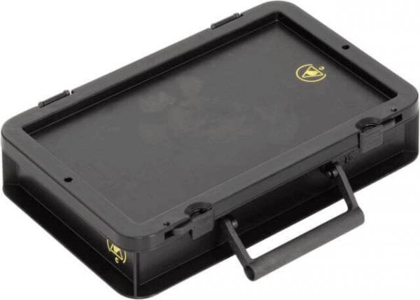 The image shows a rectangular, black box with a flat lid. On one side, there is a small, sturdy handle. The box has a simple, functional design.