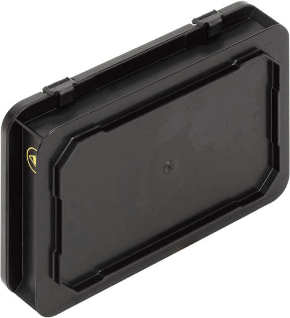 The image shows a flat, black box with rounded corners and a flap on top. It has a sturdy lid with side snap locks.