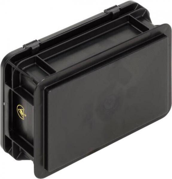 The image shows a black, rectangular container box with rounded corners and a lid. It has a smooth surface and a small locking mechanism on the top.