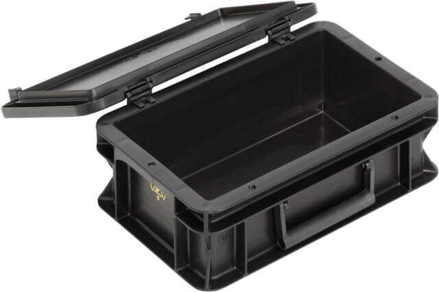 The image shows a black, rectangular storage box with a removable lid. The box has a sturdy construction and a side handle. Inside, it is empty and spacious.