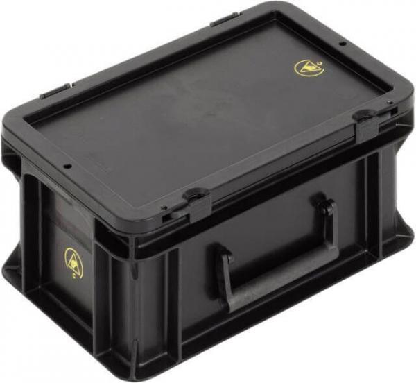 The image shows a rectangular, black plastic box with a flat lid. It has a handle on one side for carrying and is designed to be sturdy. A yellow logo is visible.