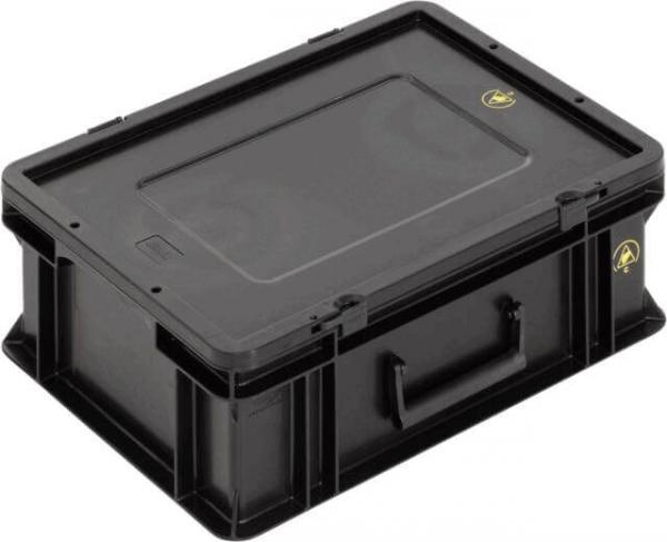 The image shows a black plastic box with a flat lid. It has rounded edges, side handles, and is sturdily built, ideal for storing items.