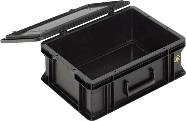 It is a rectangular, black plastic box with a removable lid. It has a handle on one side for easy holding and transportation. The interior is empty and spacious.