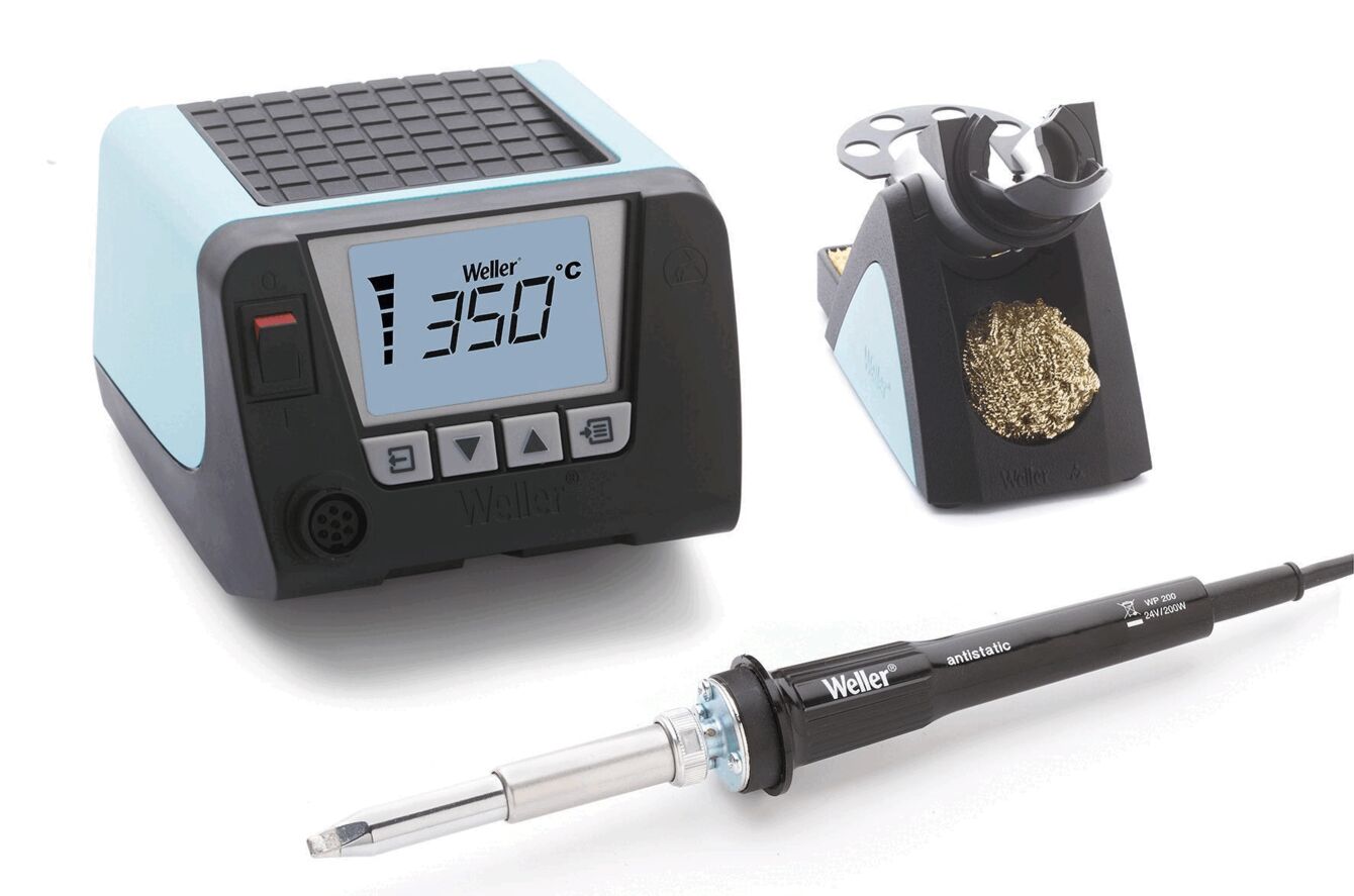 The image displays a soldering iron system. It consists of a control unit with a digital display and buttons, a soldering iron, and a holder. The holder includes a metal mesh.