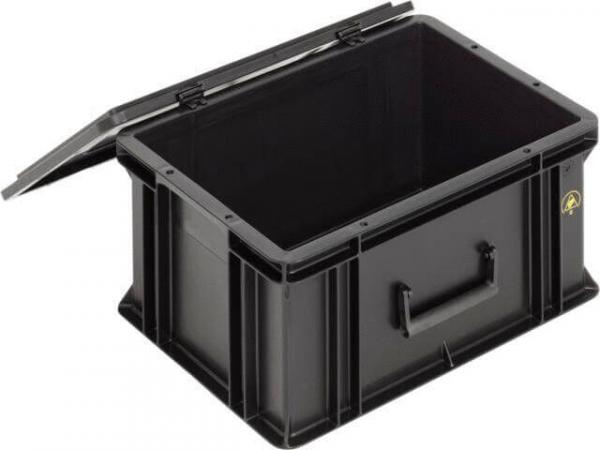 The picture shows a black, rectangular plastic box with a removable lid. It has side handles and is empty inside. The box appears sturdy and functional.