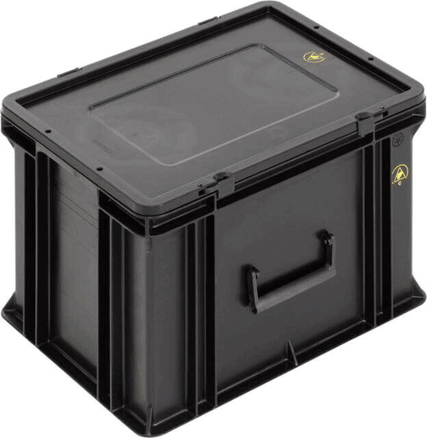 The box is made of sturdy, black plastic. It has a rectangular shape, a flat top, and a convenient handle on the front for easy handling.