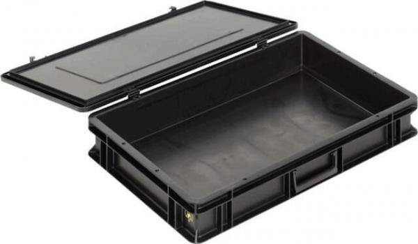 The image shows a rectangular, black plastic box with a removable lid. The box has a flat shape and is smooth and empty on the inside. It has handles on the sides.