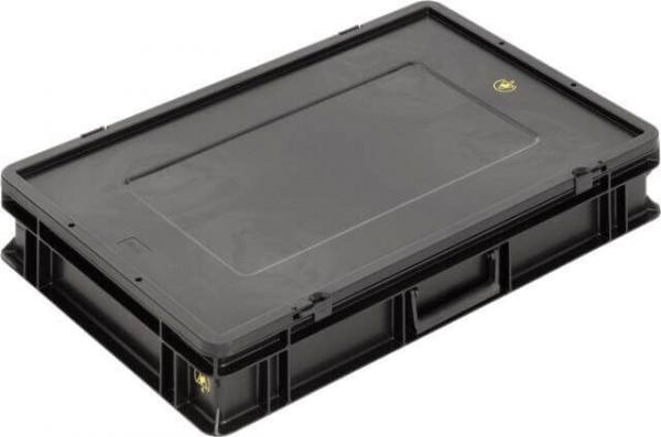 The image shows a rectangular, flat plastic box in black. It has a smooth top and reinforced sidewalls with handles on the sides.