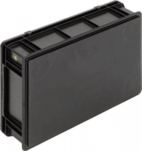 The image shows a rectangular, black plastic box with a flat lid. It has vertical grooves and a smooth surface that appears sturdy.