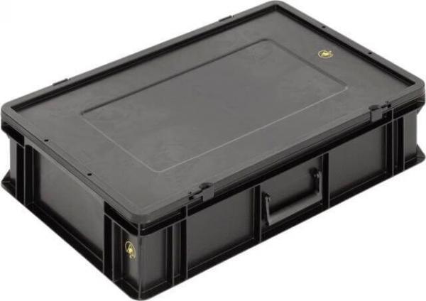 The image shows a rectangular, black plastic box with a flat top. It has sturdy walls, a handle on one side, and is suitable for storage.